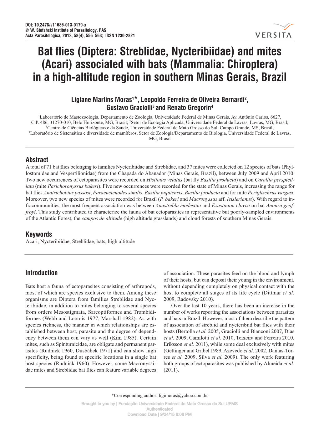 And Mites (Acari) Associated with Bats (Mammalia: Chiroptera) in a High-Altitude Region in Southern Minas Gerais, Brazil