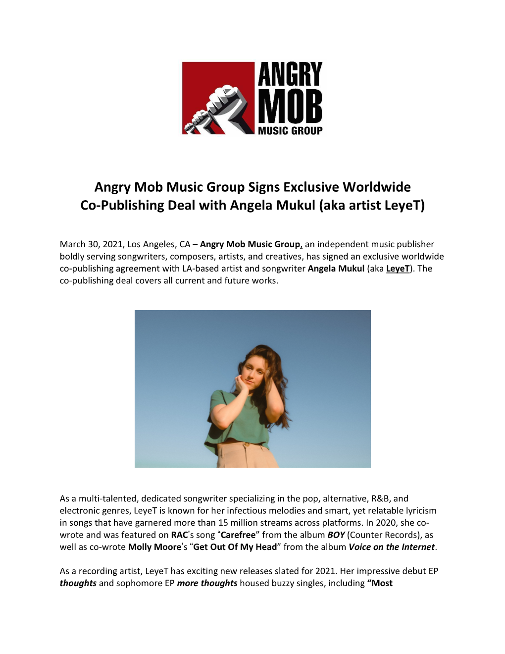 Angry Mob Music Group Signs Exclusive Worldwide Co-Publishing Deal with Angela Mukul (Aka Artist Leyet)