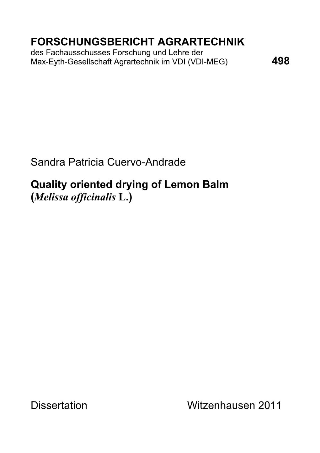 Quality Oriented Drying of Lemon Balm (Melissa Officinalis L.)