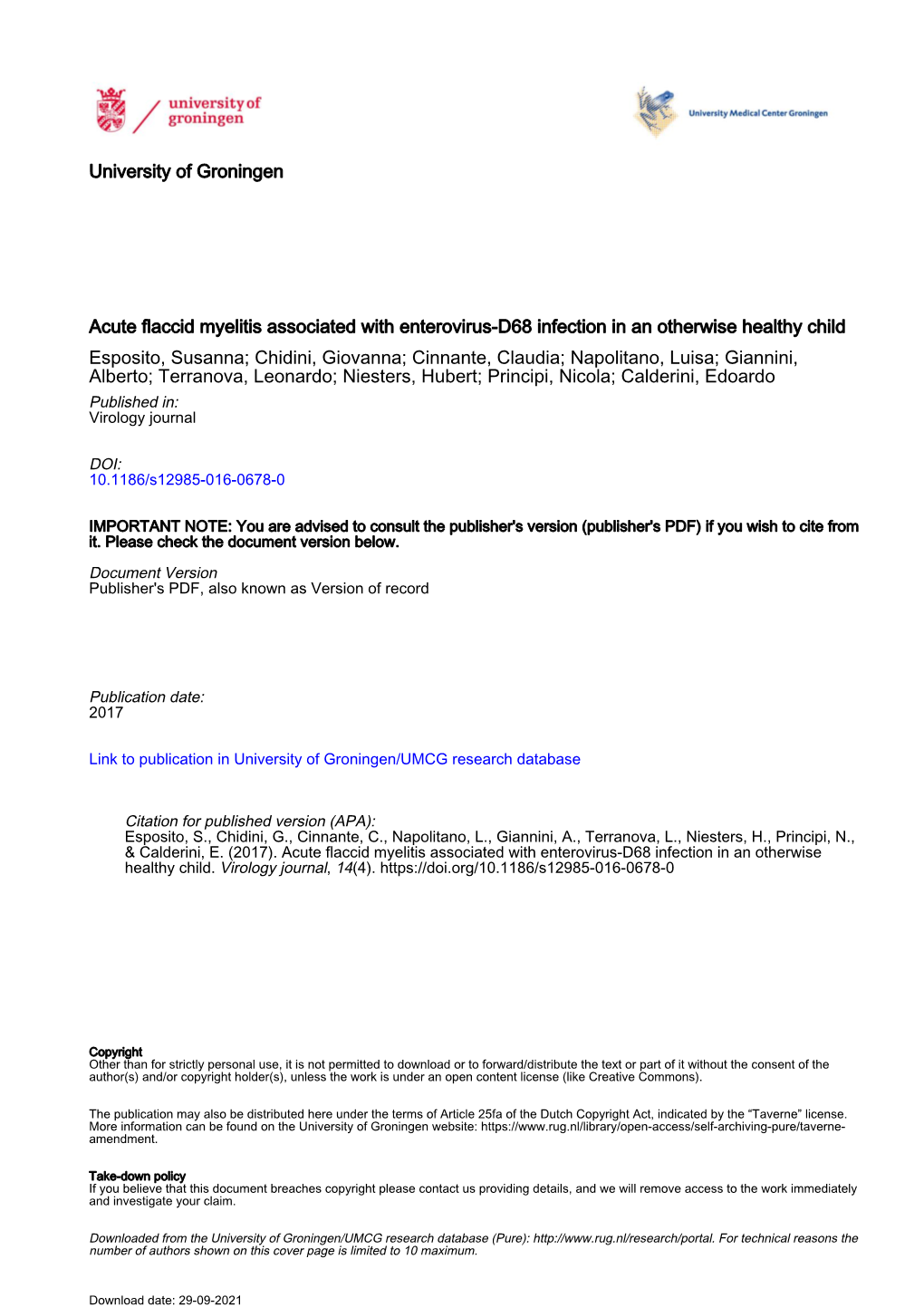 Acute Flaccid Myelitis Associated with Enterovirus-D68 Infection in An