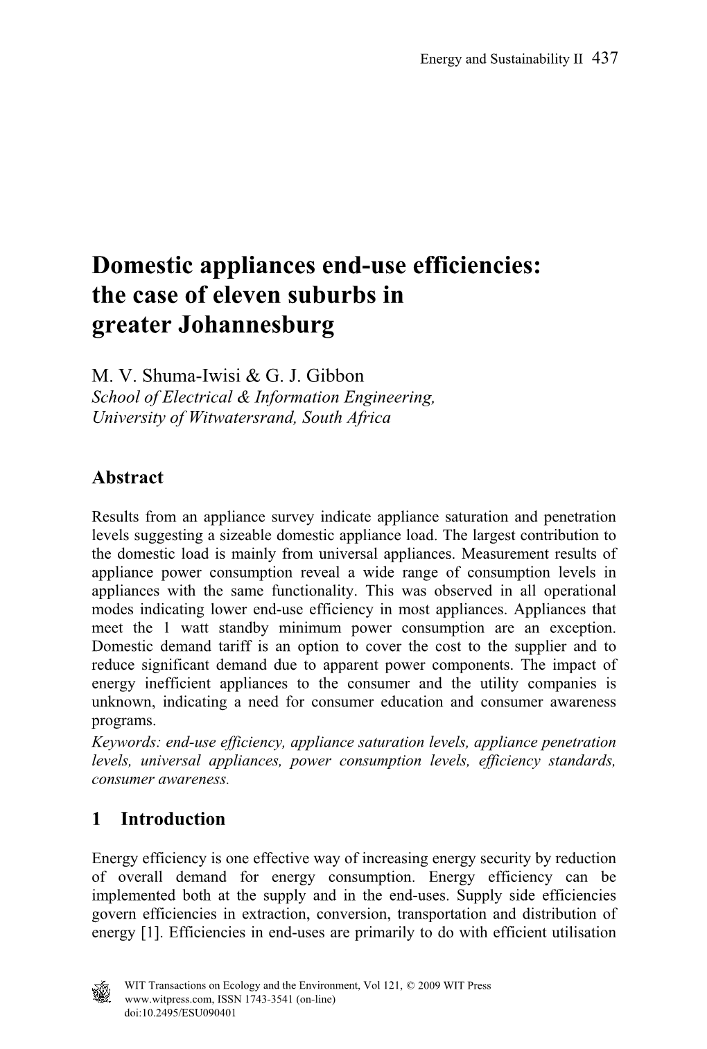 Domestic Appliances End-Use Efficiencies: the Case of Eleven Suburbs in Greater Johannesburg