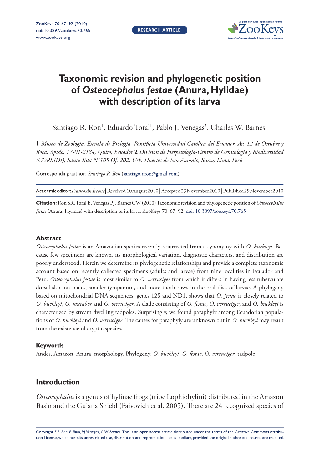 Taxonomic Revision and Phylogenetic Position of Osteocephalus Festae (Anura, Hylidae) with Description of Its Larva