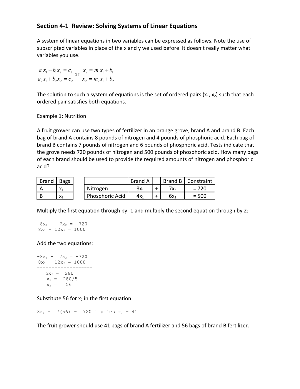 Section 4-1 Review: Solving Systems of Linear Equations