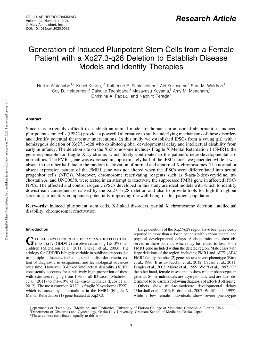 Generation of Induced Pluripotent Stem Cells from a Female Patient with a Xq27.3-Q28 Deletion to Establish Disease Models and Identify Therapies