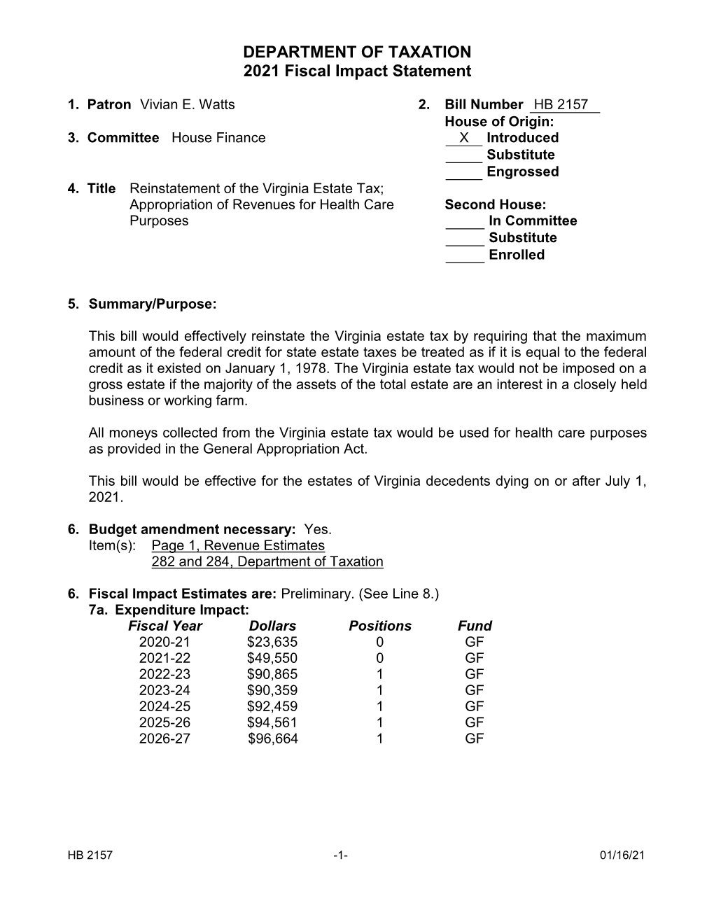 DEPARTMENT of TAXATION 2021 Fiscal Impact Statement