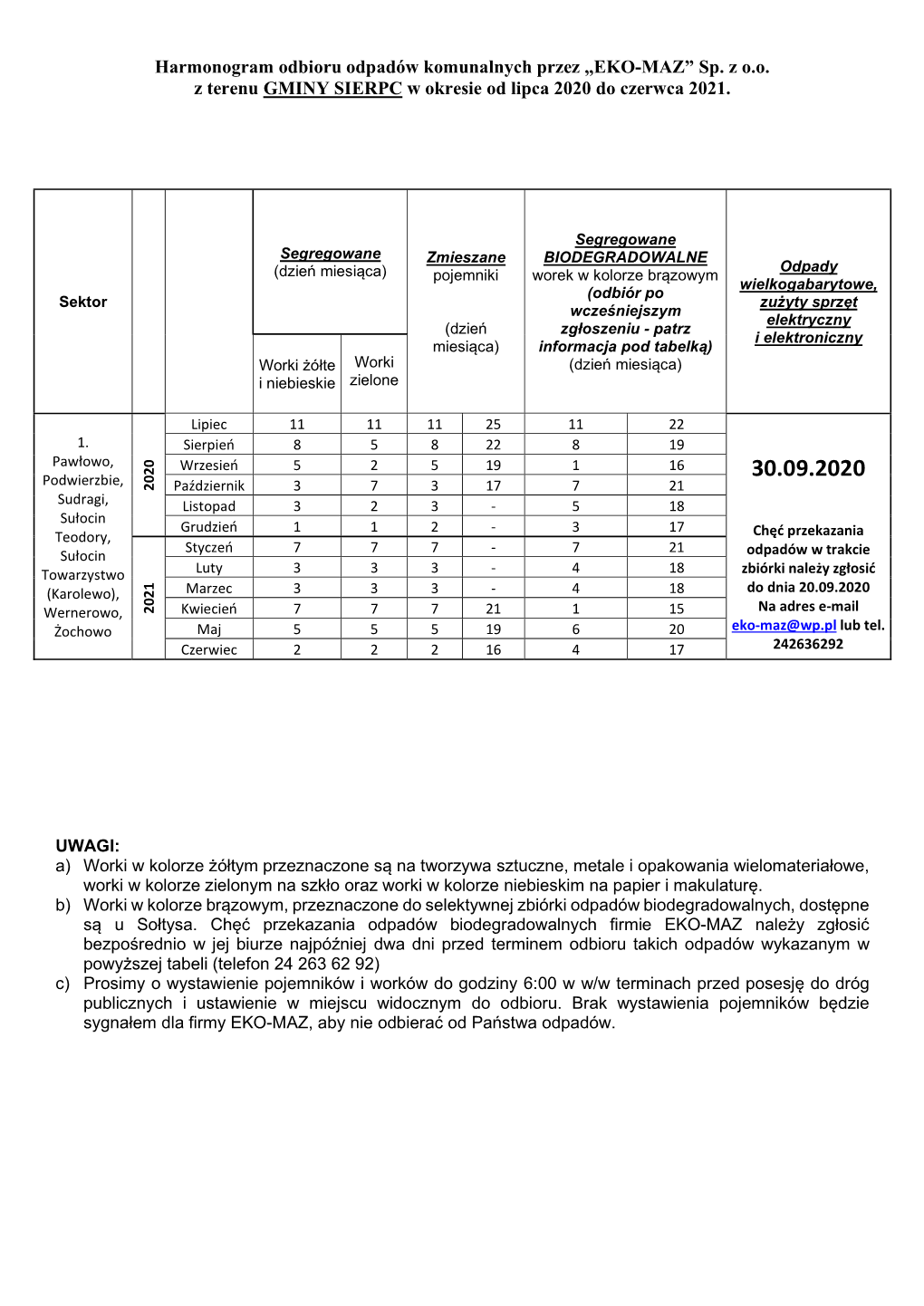 Harmonogram Odbioru Odpadów Komunalnych Przez „EKO-MAZ” Sp