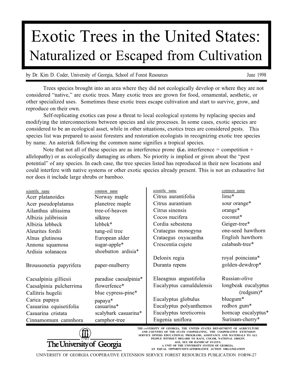 Exotic Trees in the United States: Naturalized Or Escaped from Cultivation by Dr