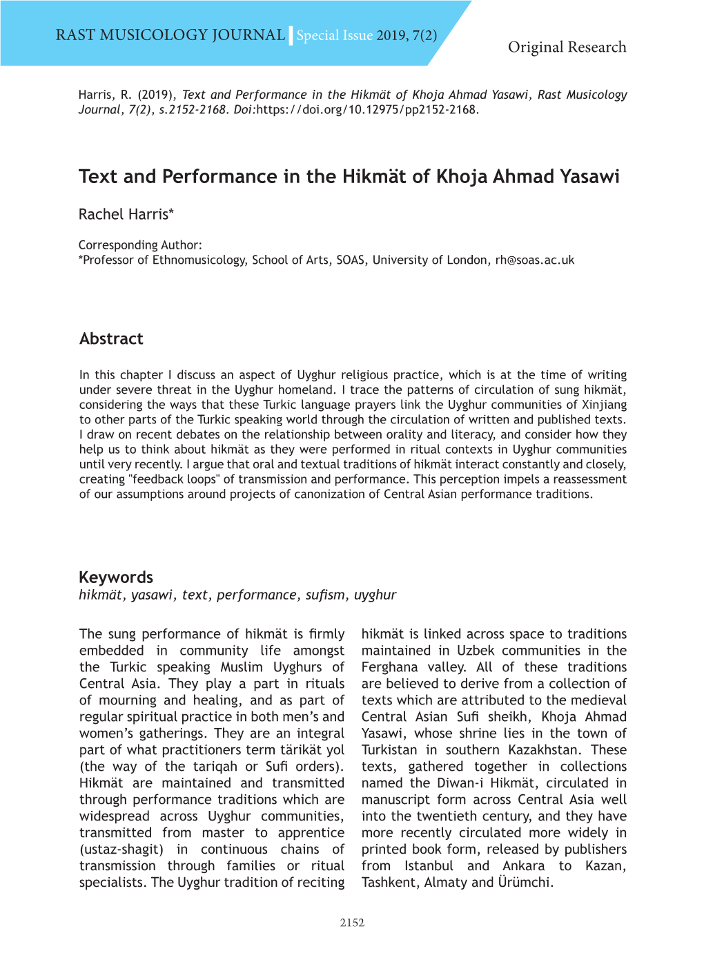 Text and Performance in the Hikmät of Khoja Ahmad Yasawi, Rast Musicology Journal, 7(2), S.2152-2168