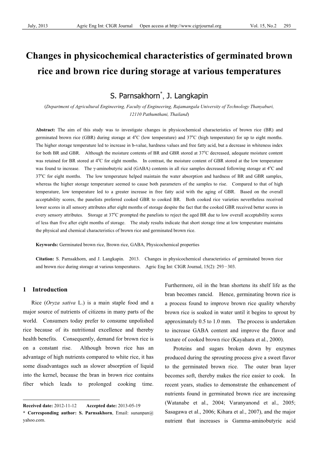 Changes in Physicochemical Characteristics of Germinated Brown Rice and Brown Rice During Storage at Various Temperatures