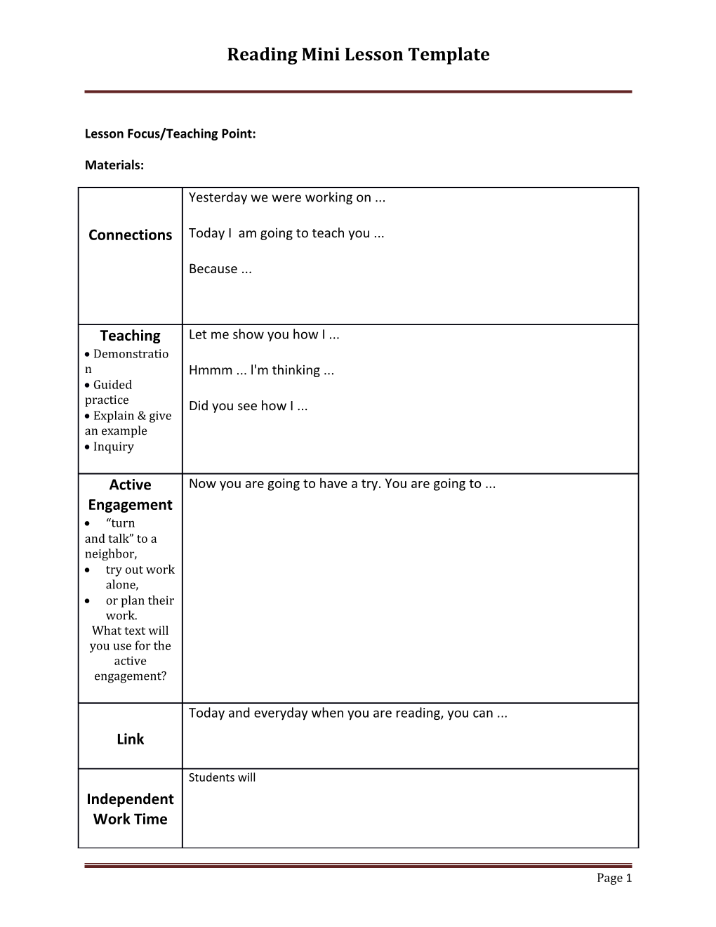 Reading Mini Lesson Template