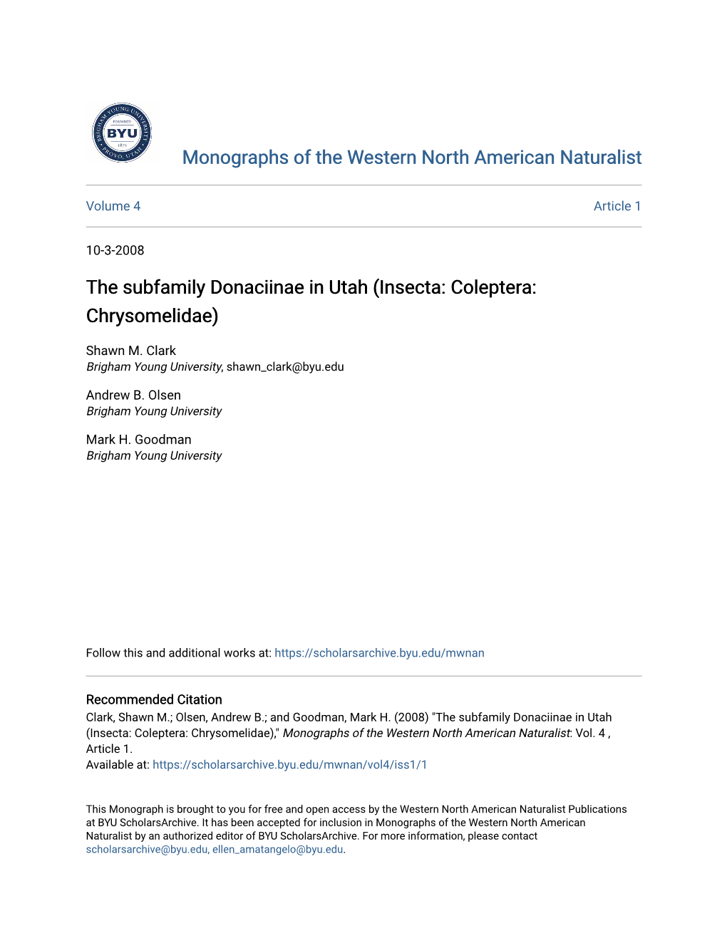 The Subfamily Donaciinae in Utah (Insecta: Coleptera: Chrysomelidae)