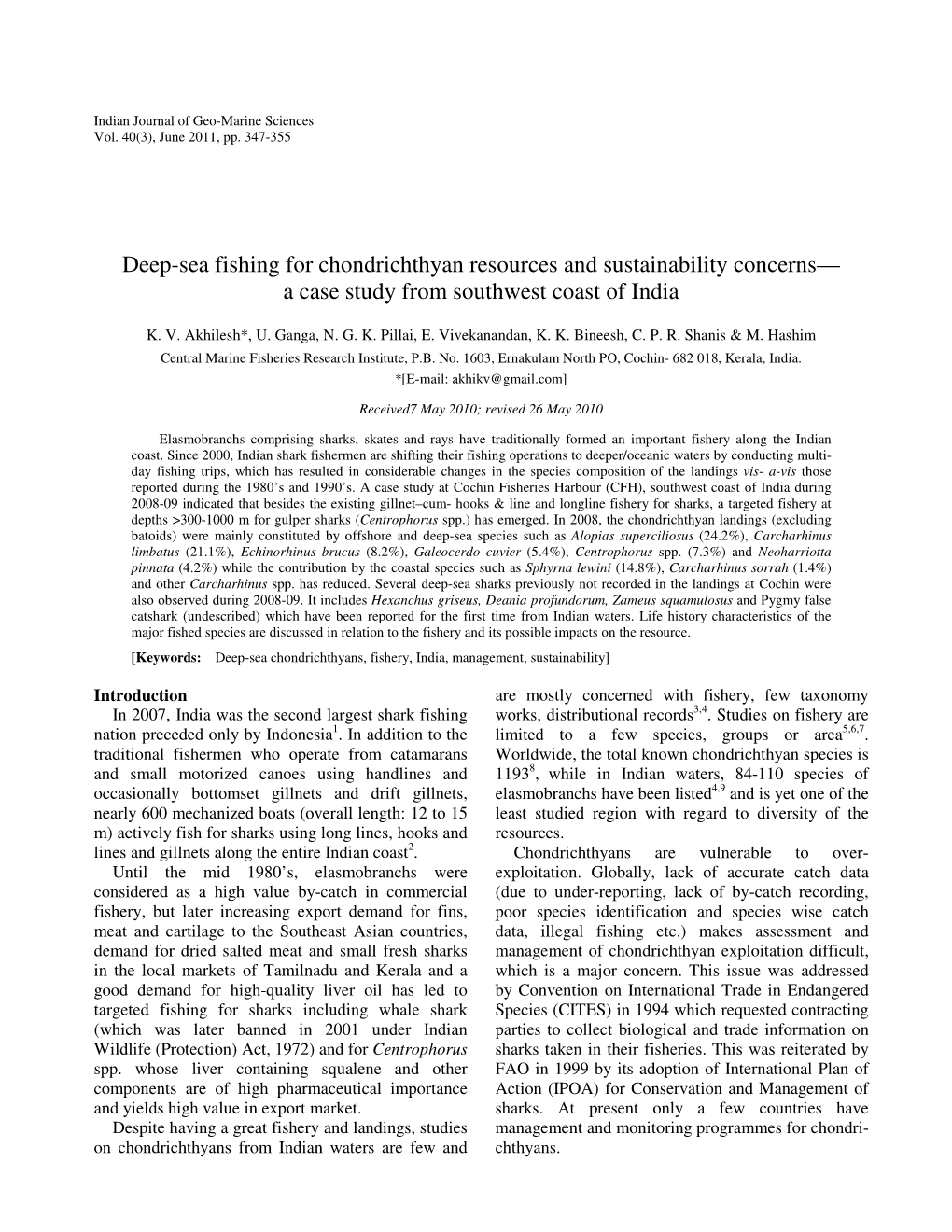 Deep-Sea Fishing for Chondrichthyan Resources and Sustainability Concerns— a Case Study from Southwest Coast of India