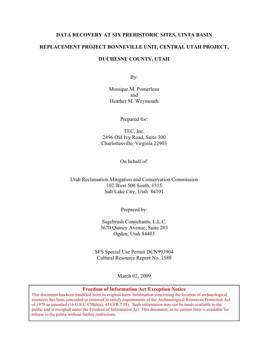 Data Recovery at Six Prehistoric Sites, Uinta Basin Replacement