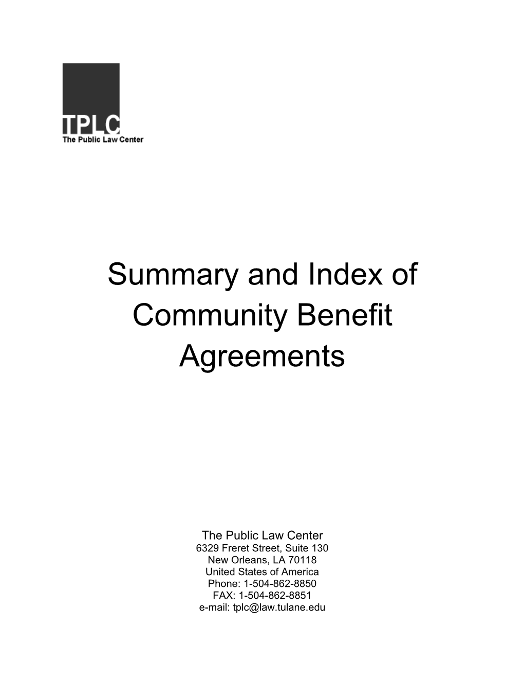 Summary and Index of Community Benefit Agreements