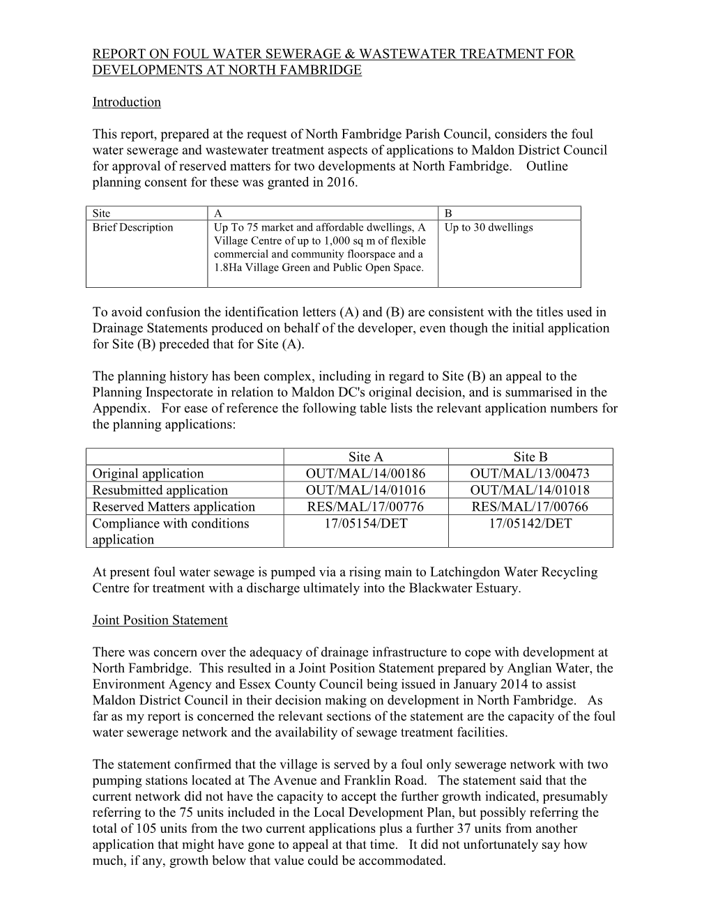 Report on Foul Water Sewerage & Wastewater