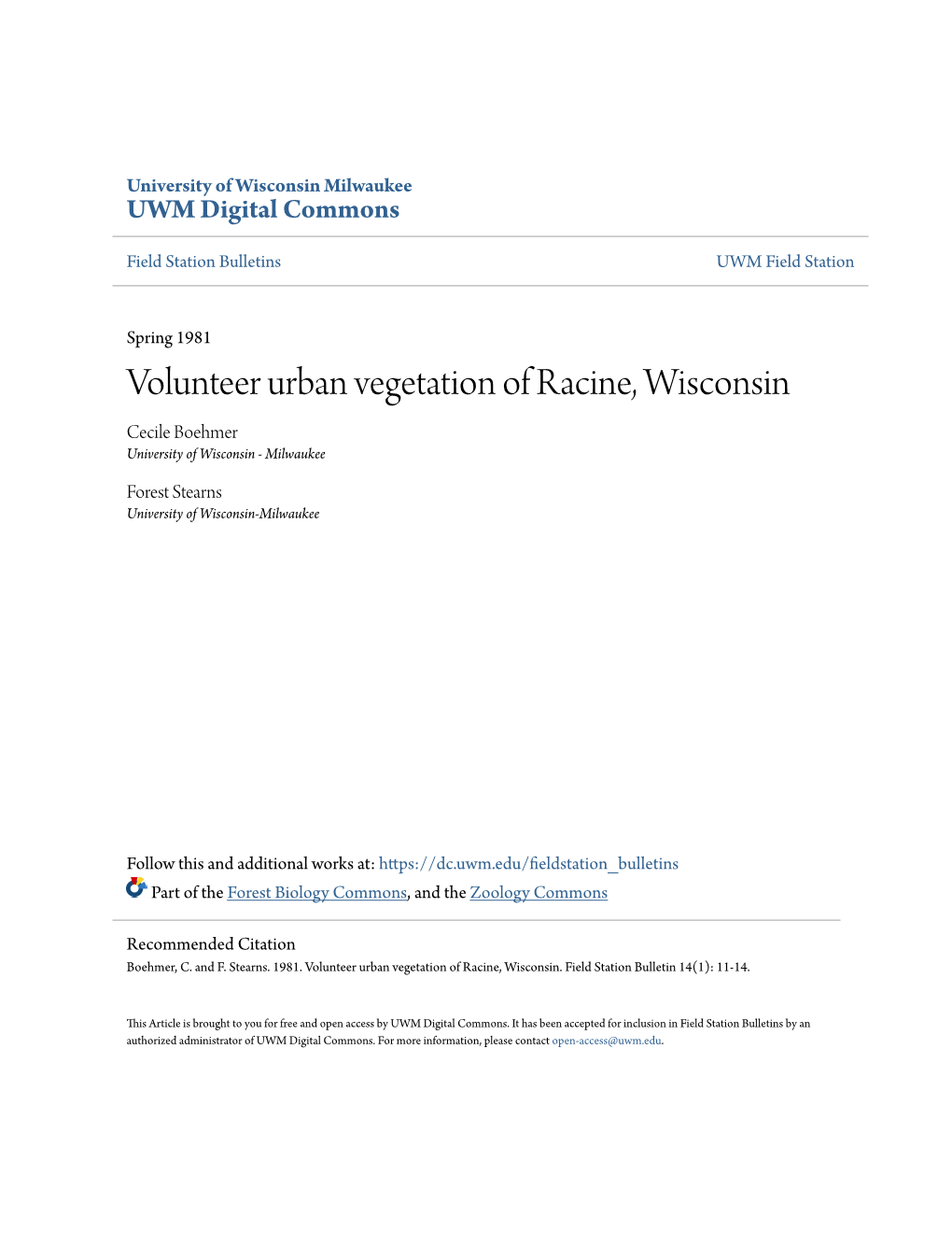 Volunteer Urban Vegetation of Racine, Wisconsin Cecile Boehmer University of Wisconsin - Milwaukee