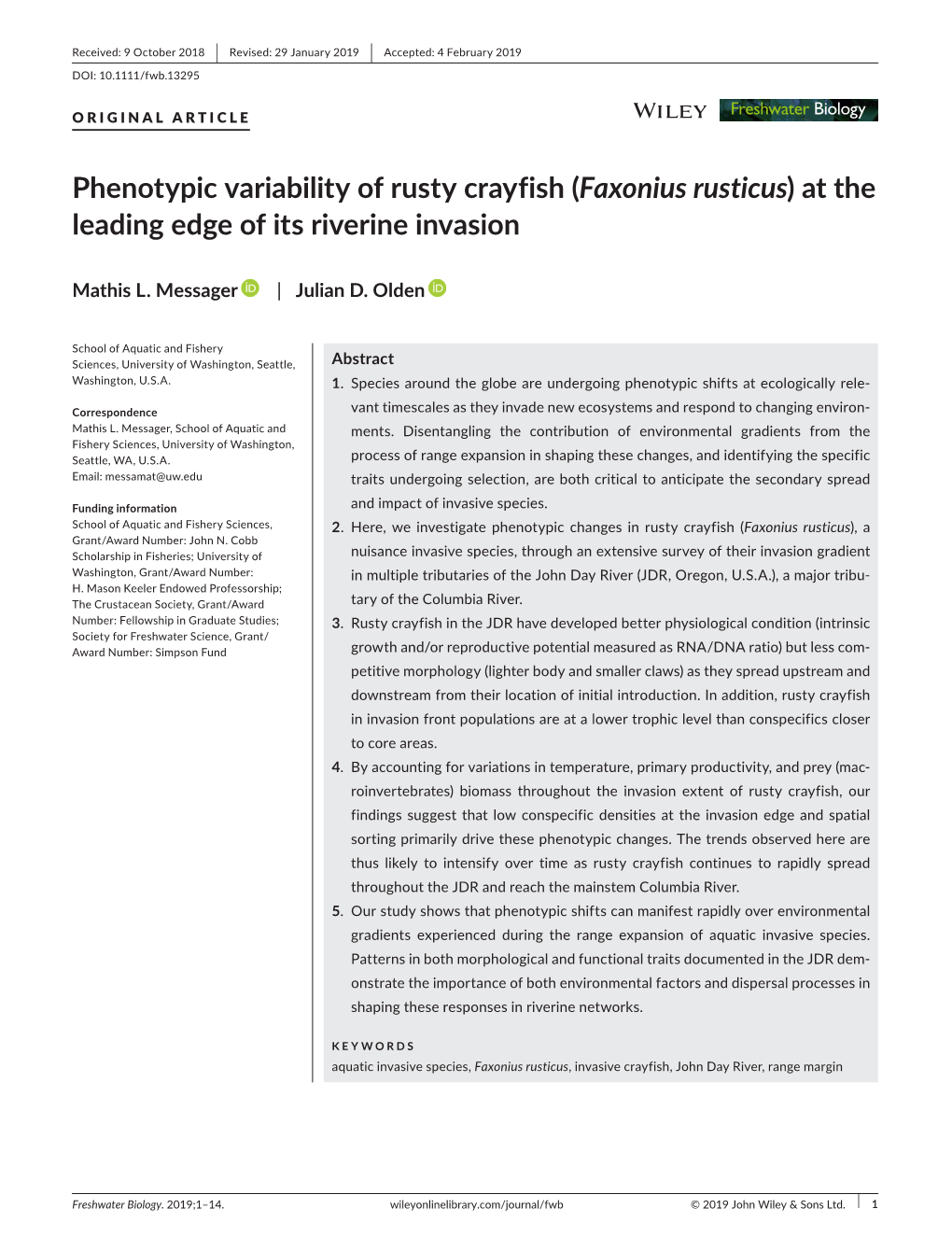 Phenotypic Variability of Rusty Crayfish (Faxonius Rusticus) at the Leading Edge of Its Riverine Invasion