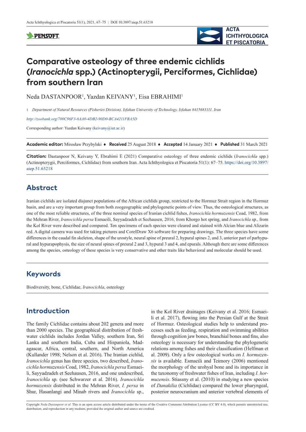 Comparative Osteology of Three Endemic Cichlids (Iranocichla Spp.) (Actinopterygii, Perciformes, Cichlidae) from Southern Iran