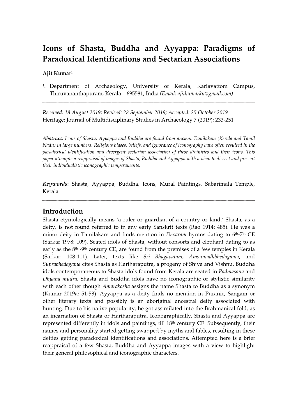 Icons of Shasta, Buddha and Ayyappa: Paradigms of Paradoxical Identifications and Sectarian Associations