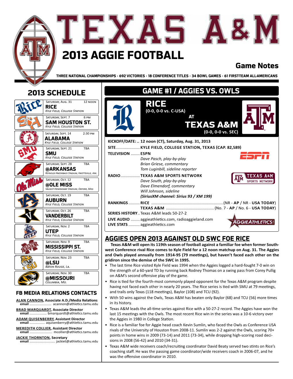 2013 AGGIE FOOTBALL Game Notes