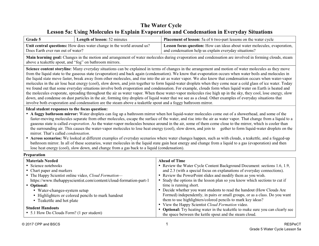 The Water Cycle Lesson 5A: Using Molecules to Explain Evaporation