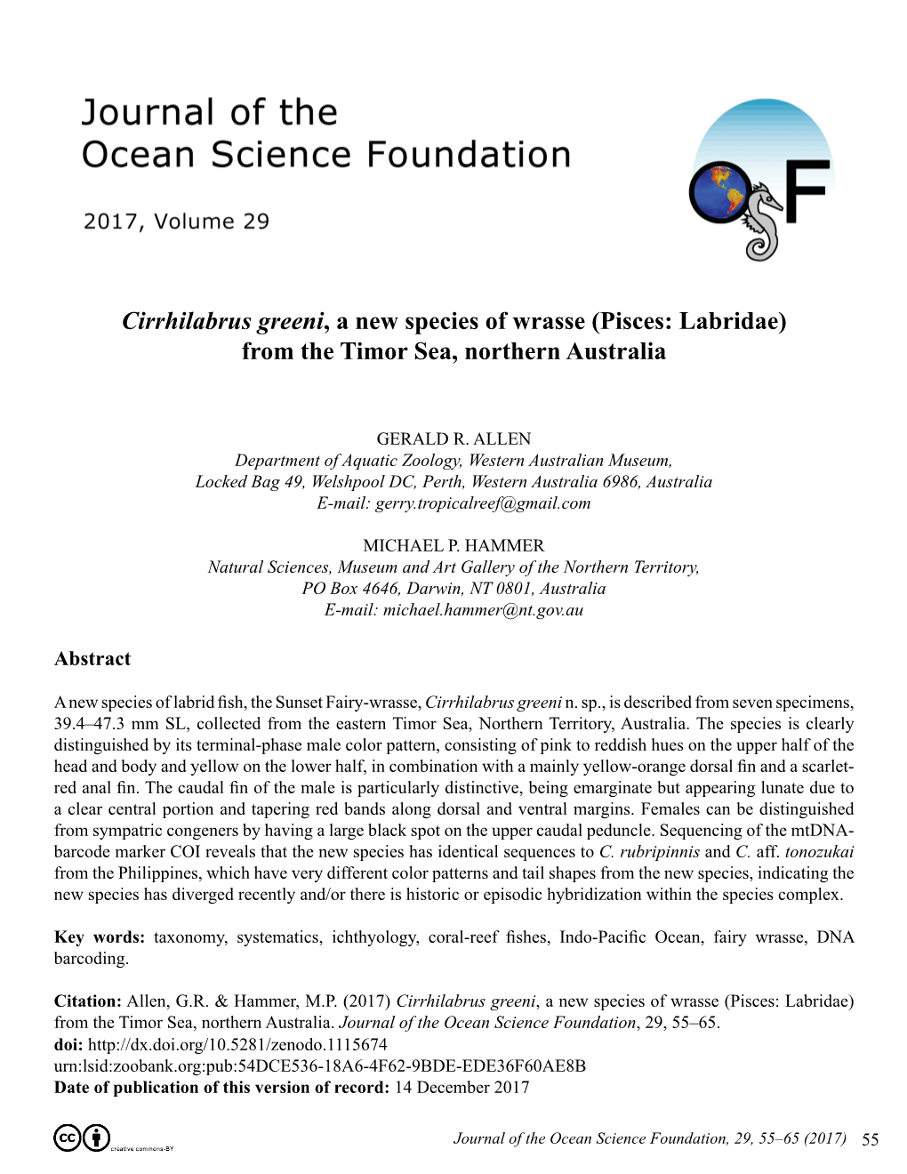 Cirrhilabrus Greeni, a New Species of Wrasse (Pisces: Labridae) from the Timor Sea, Northern Australia