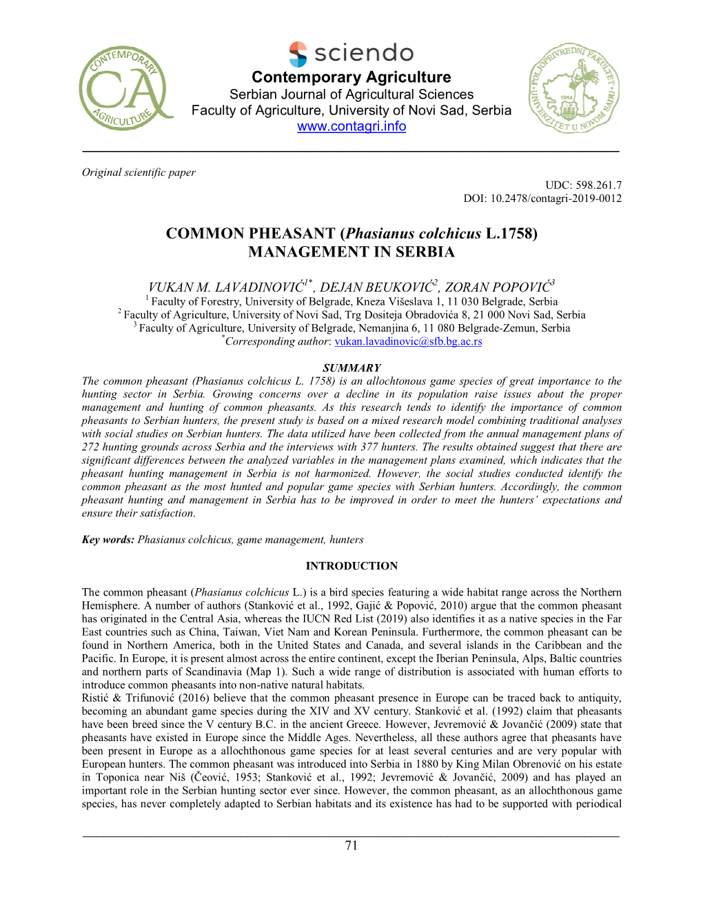 COMMON PHEASANT (Phasianus Colchicus L.1758) MANAGEMENT in SERBIA