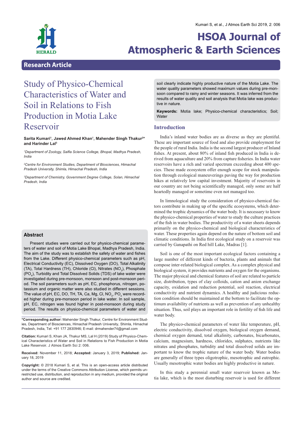 Study of Physico-Chemical Characteristics of Water and Soil in Relations to Fish Production in Motia Lake Reservoir