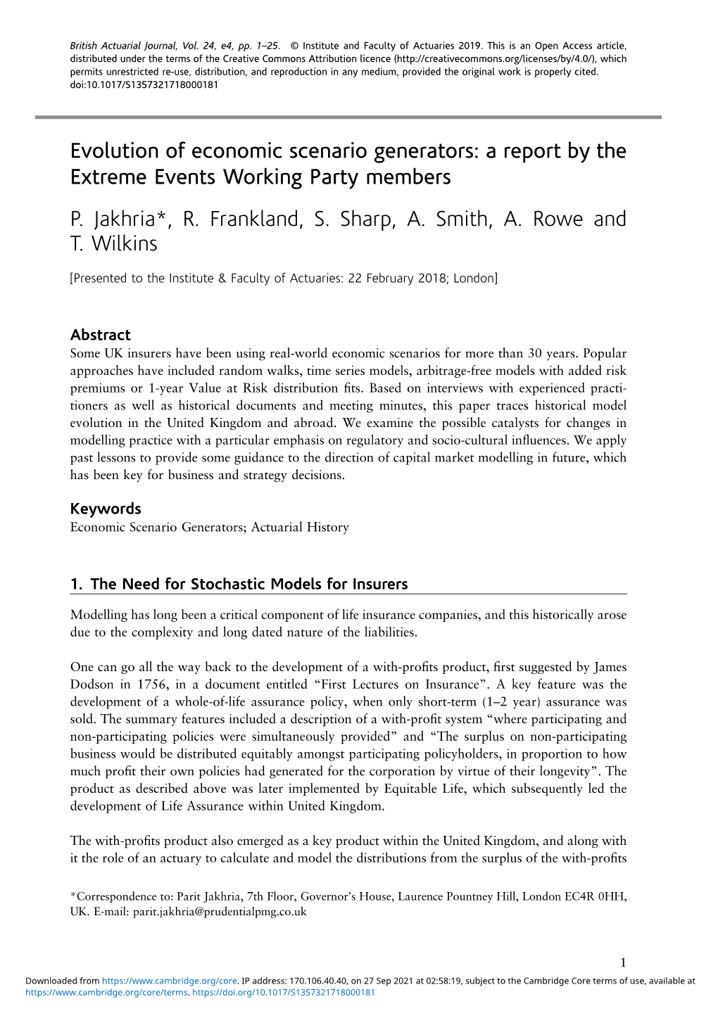 Evolution of Economic Scenario Generators: a Report by the Extreme Events Working Party Members P