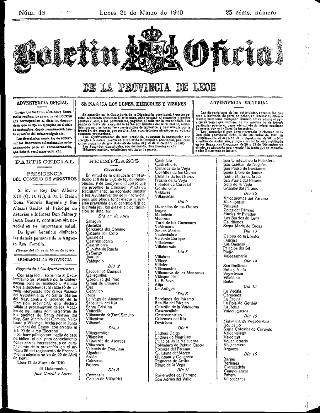 Lunes 21 De Marzo De 1910 25 Cénts. Número ADVERTENCIA OFICIAL SE Puíllica LOS LUNES, IIIIÉRCOLES Y VIERNES ADVERTENCIA EDIT