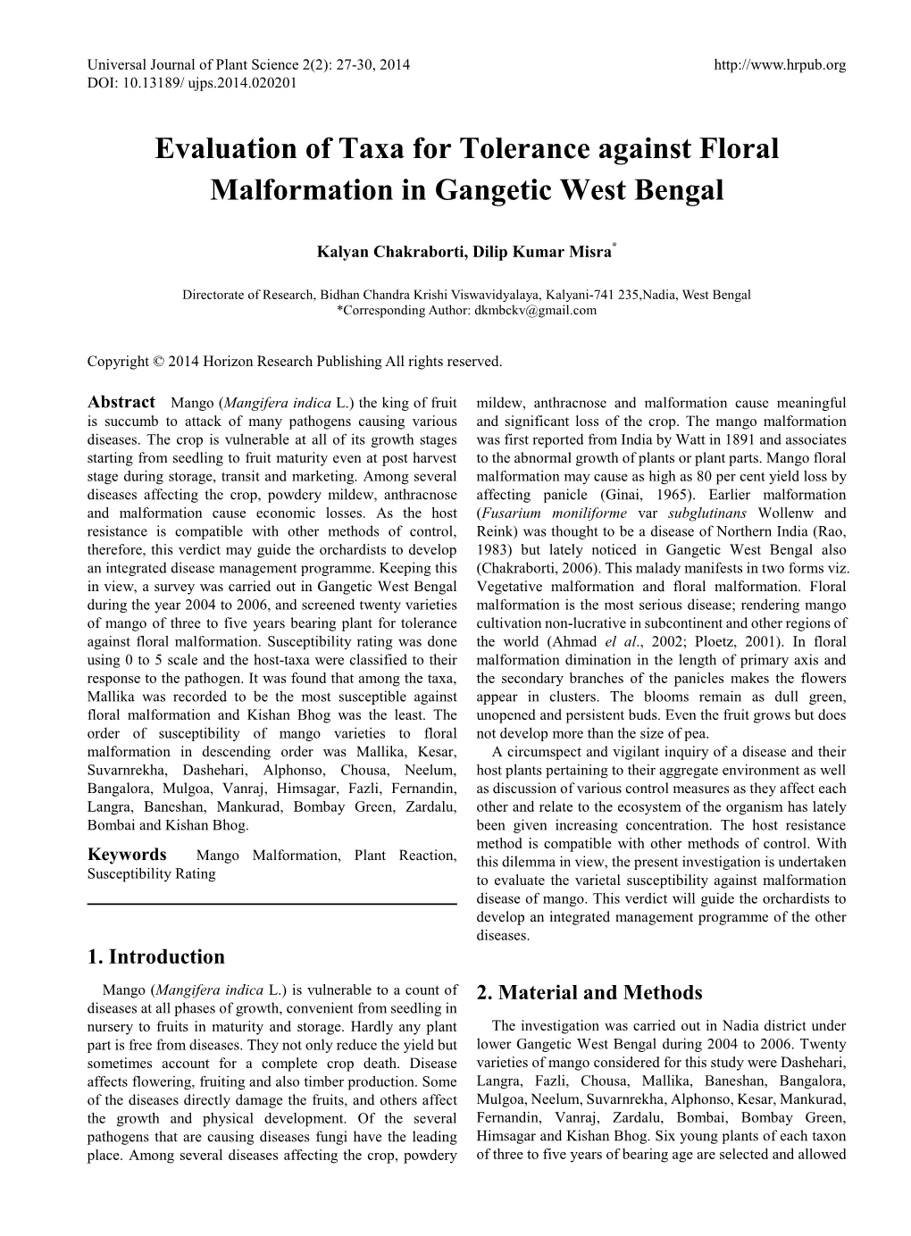 Evaluation of Taxa for Tolerance Against Floral Malformation in Gangetic West Bengal