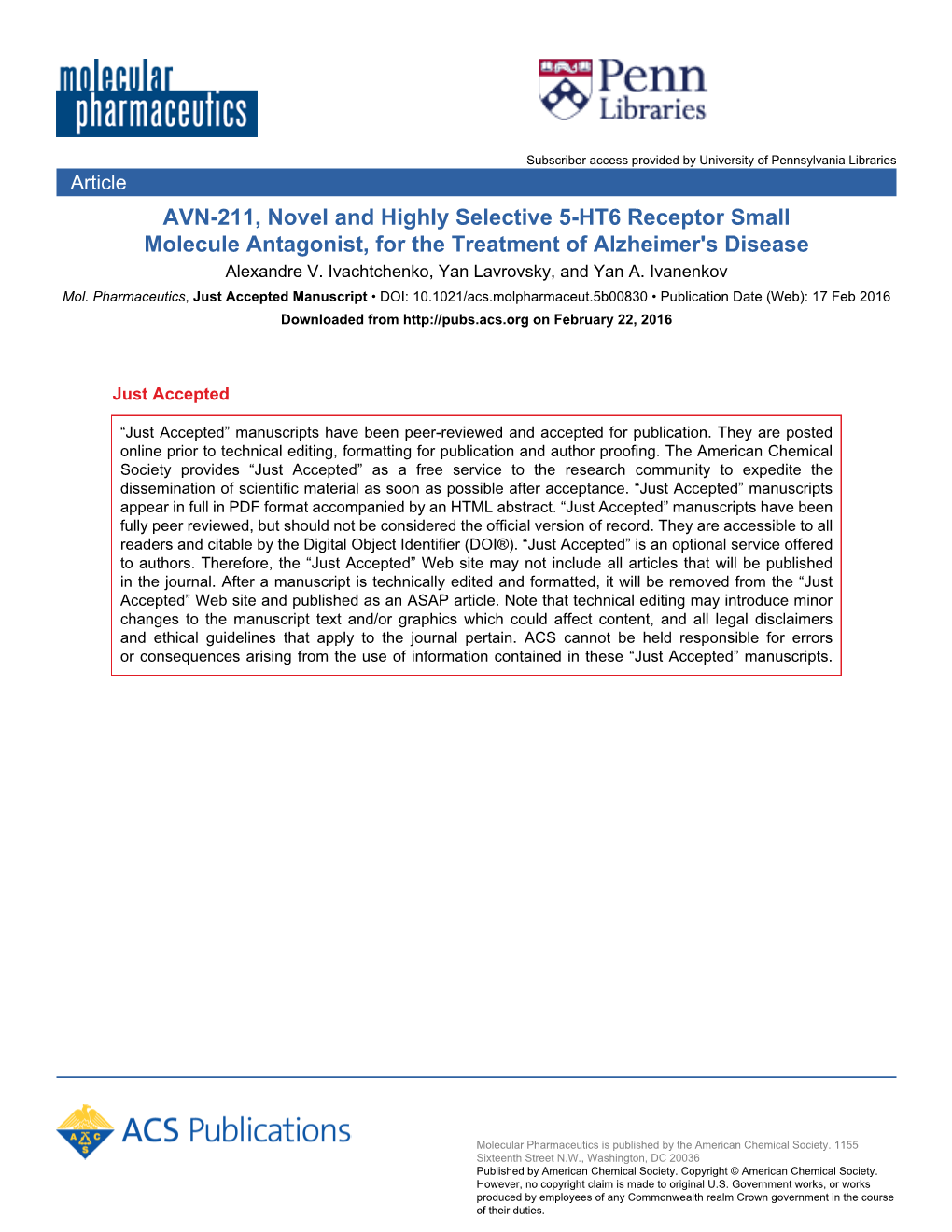 AVN-211, Novel and Highly Selective 5-HT6 Receptor Small Molecule Antagonist, for the Treatment of Alzheimer's Disease Alexandre V