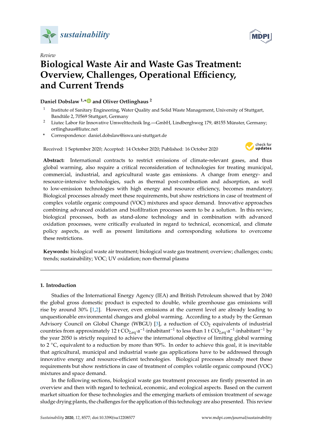 Biological Waste Air and Waste Gas Treatment: Overview, Challenges, Operational Eﬃciency, and Current Trends