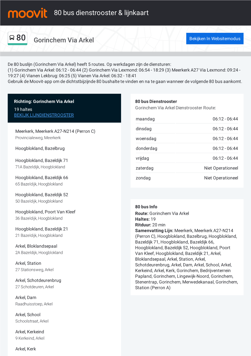 80 Bus Dienstrooster & Lijnroutekaart