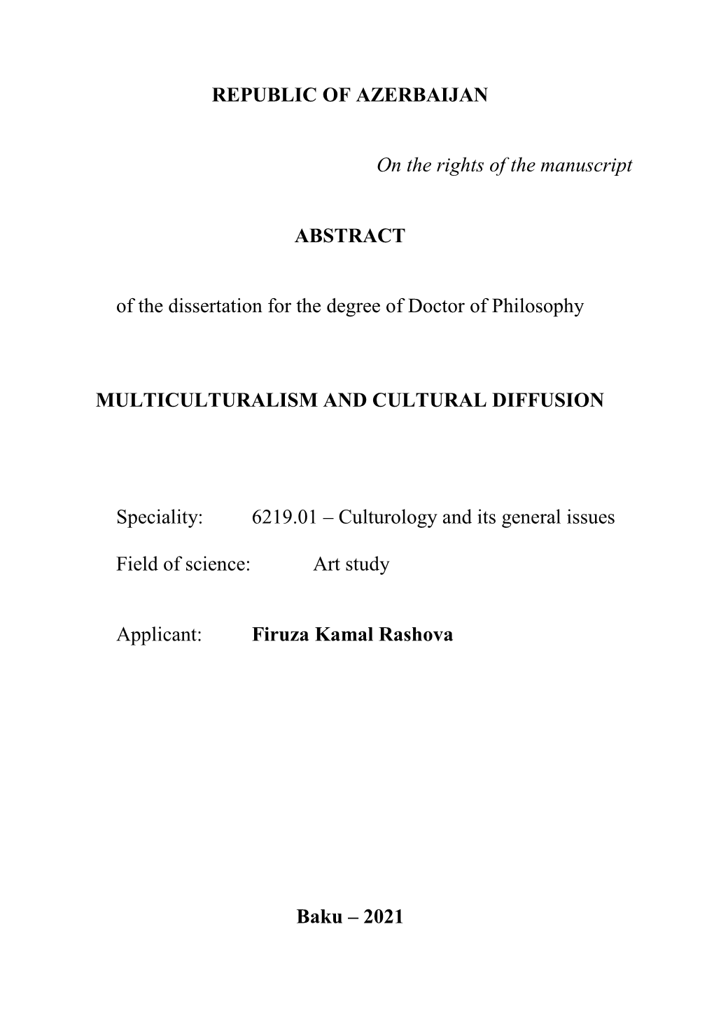 REPUBLIC of AZERBAIJAN on the Rights of the Manuscript ABSTRACT