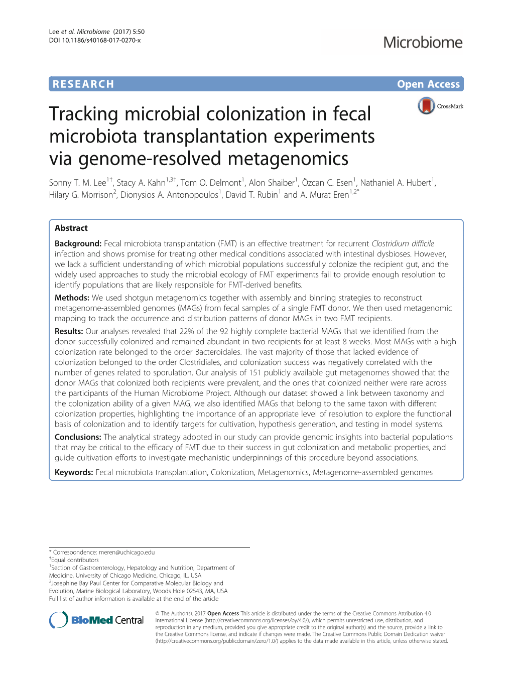 Tracking Microbial Colonization in Fecal Microbiota Transplantation Experiments Via Genome-Resolved Metagenomics Sonny T