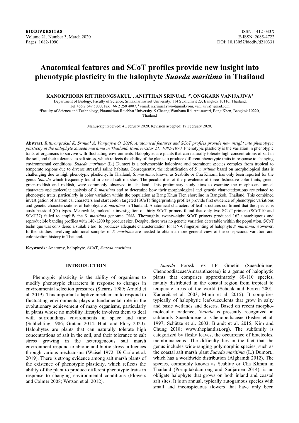 Anatomical Features and Scot Profiles Provide New Insight Into Phenotypic Plasticity in the Halophyte Suaeda Maritima in Thailand