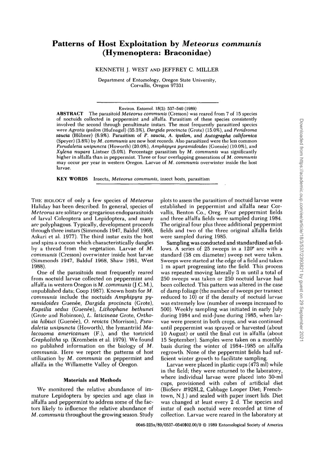 Patterns of Host Exploitation by &lt;I&gt;Meteorus Communis&lt;/I&gt; (Hymenoptera: Braconidae)