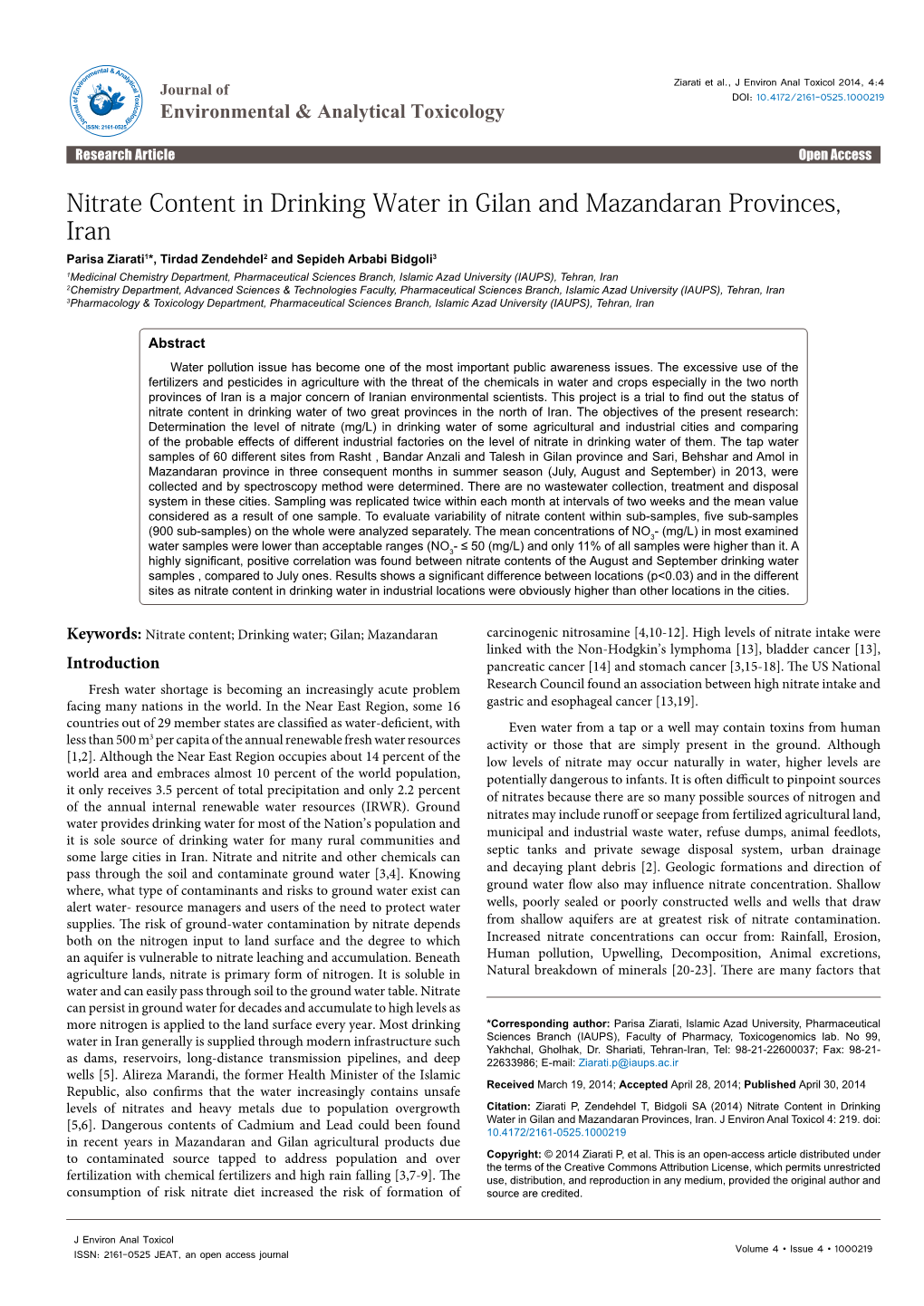 Nitrate Content in Drinking Water in Gilan and Mazandaran Provinces