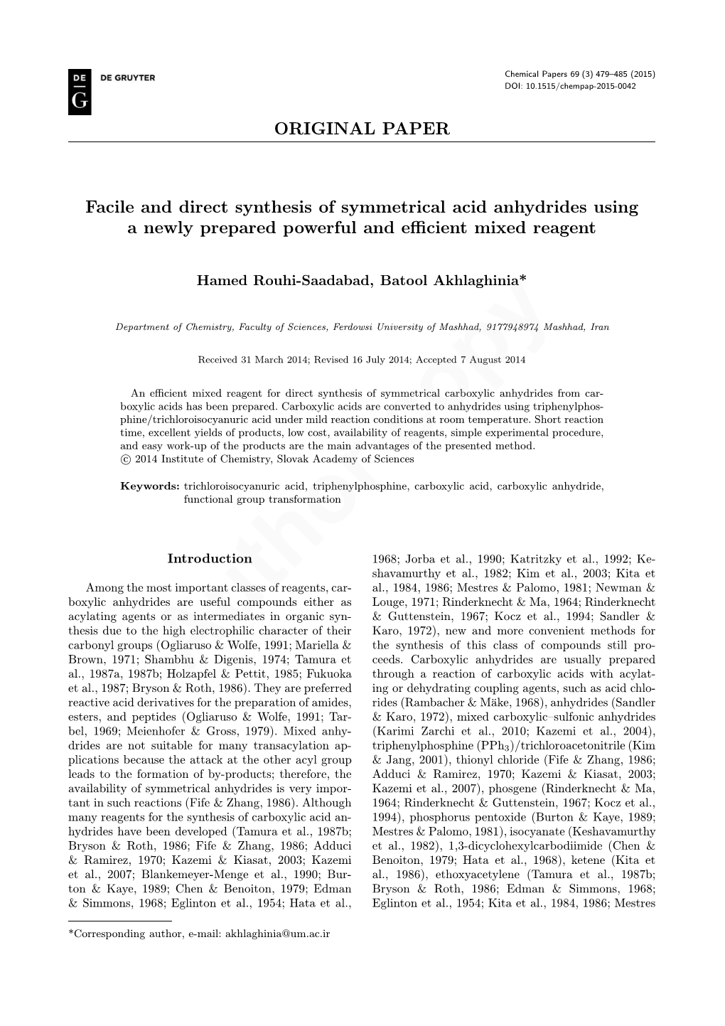 ORIGINAL PAPER Facile and Direct Synthesis of Symmetrical Acid