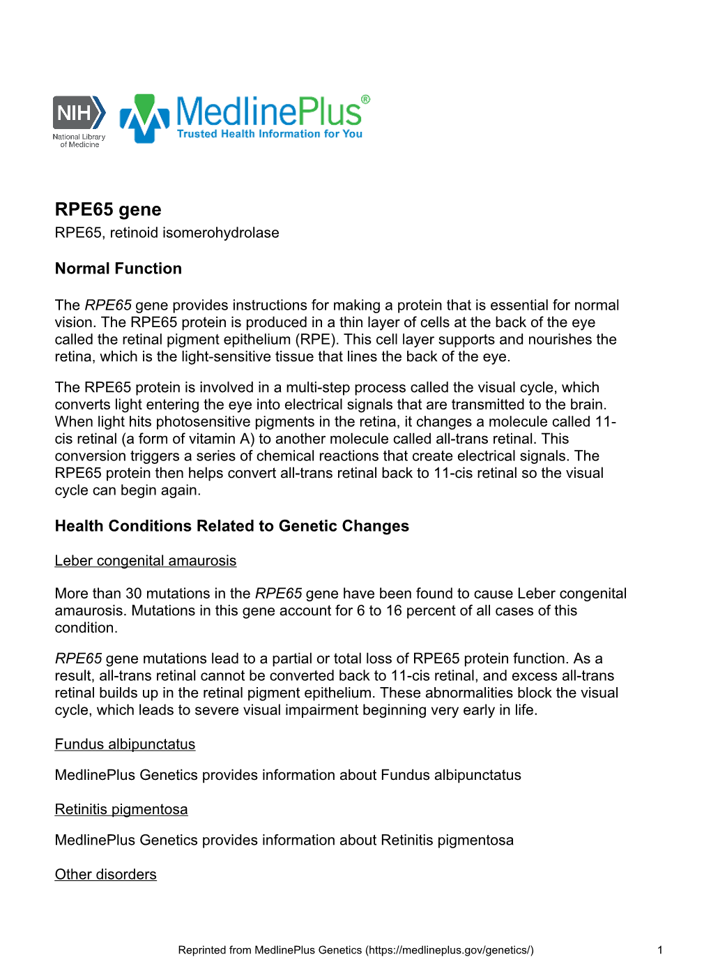 RPE65 Gene RPE65, Retinoid Isomerohydrolase