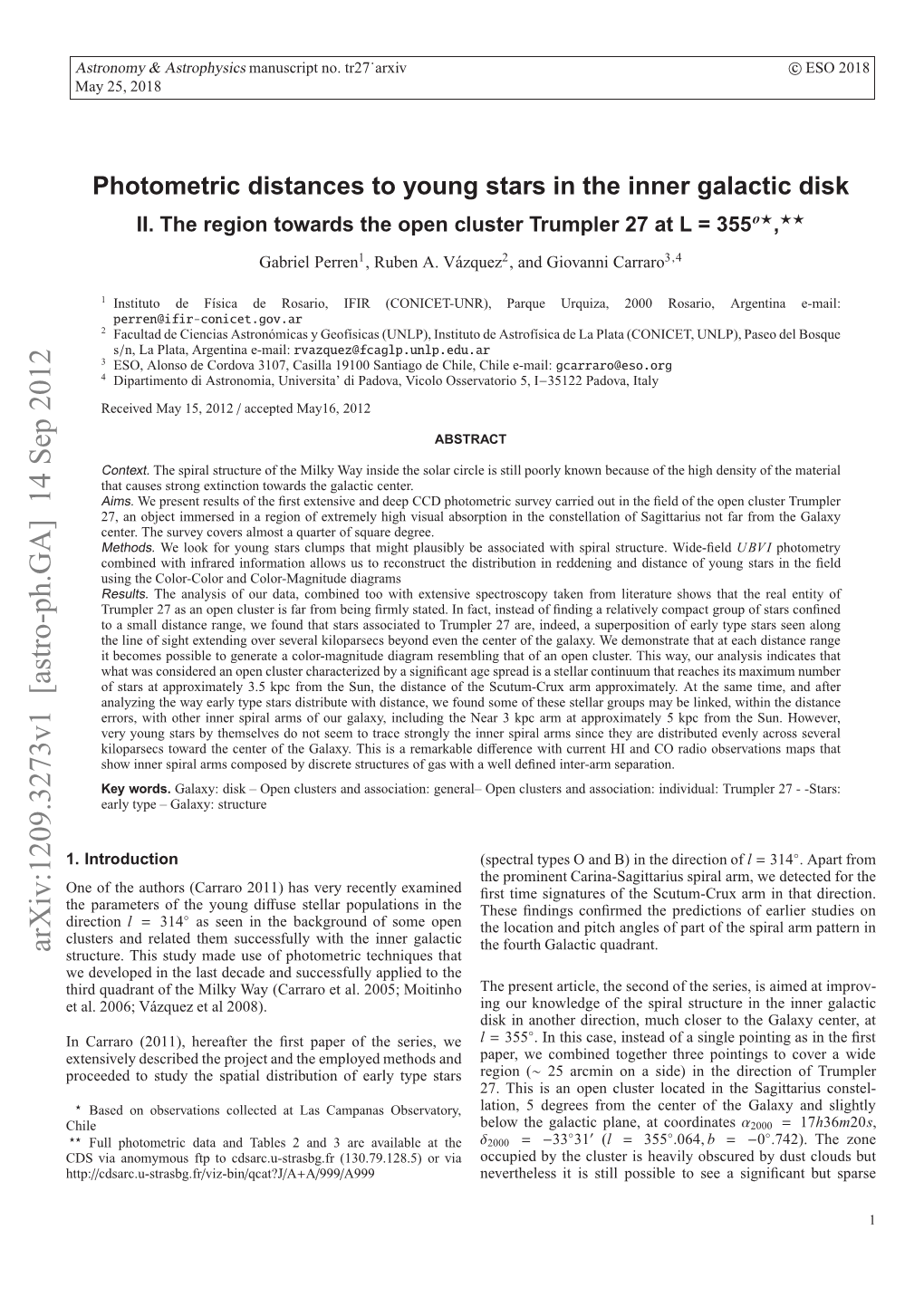 Photometric Distances to Young Stars in the Inner Galactic Disk Group of Relatively Bright Stars