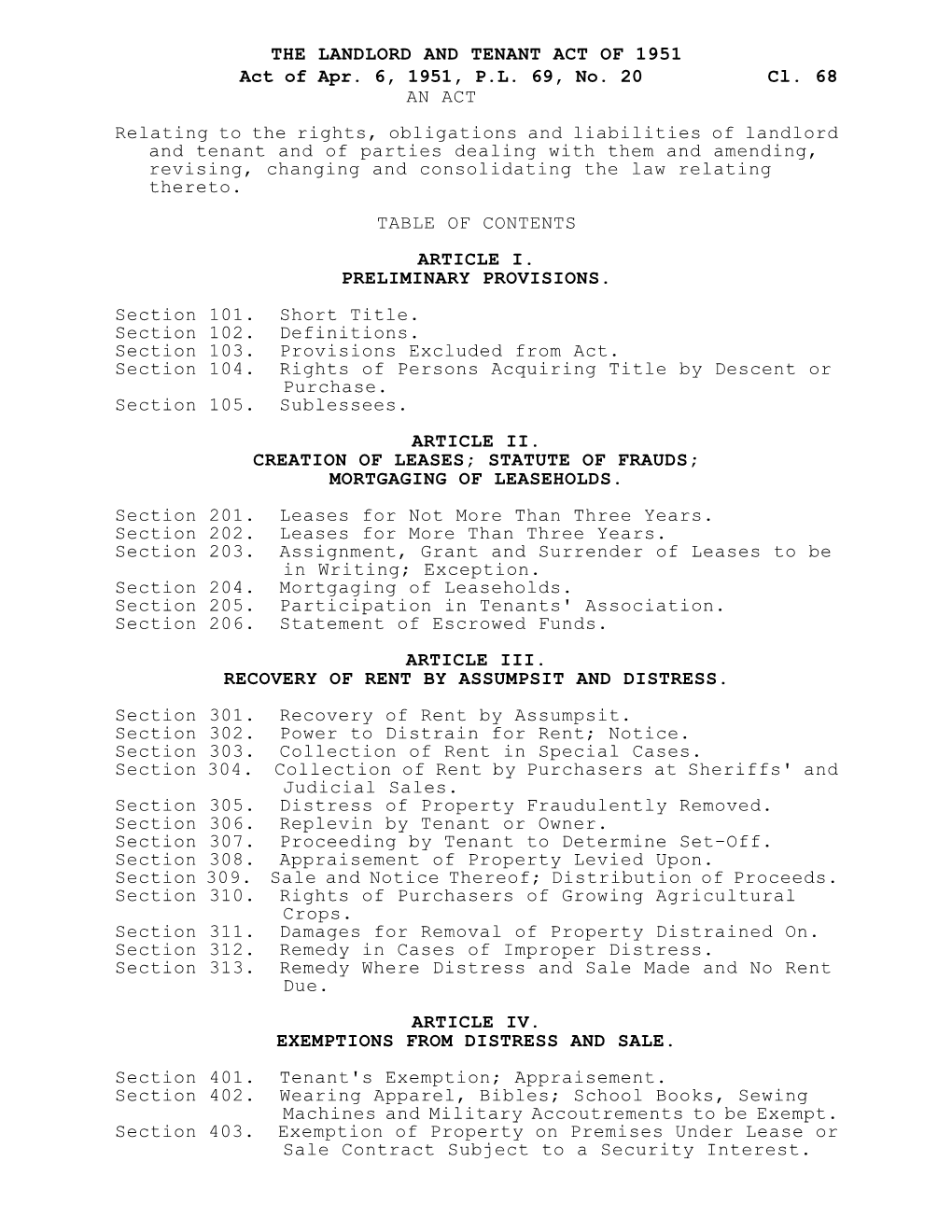 LANDLORD and TENANT ACT of 1951 Act of Apr