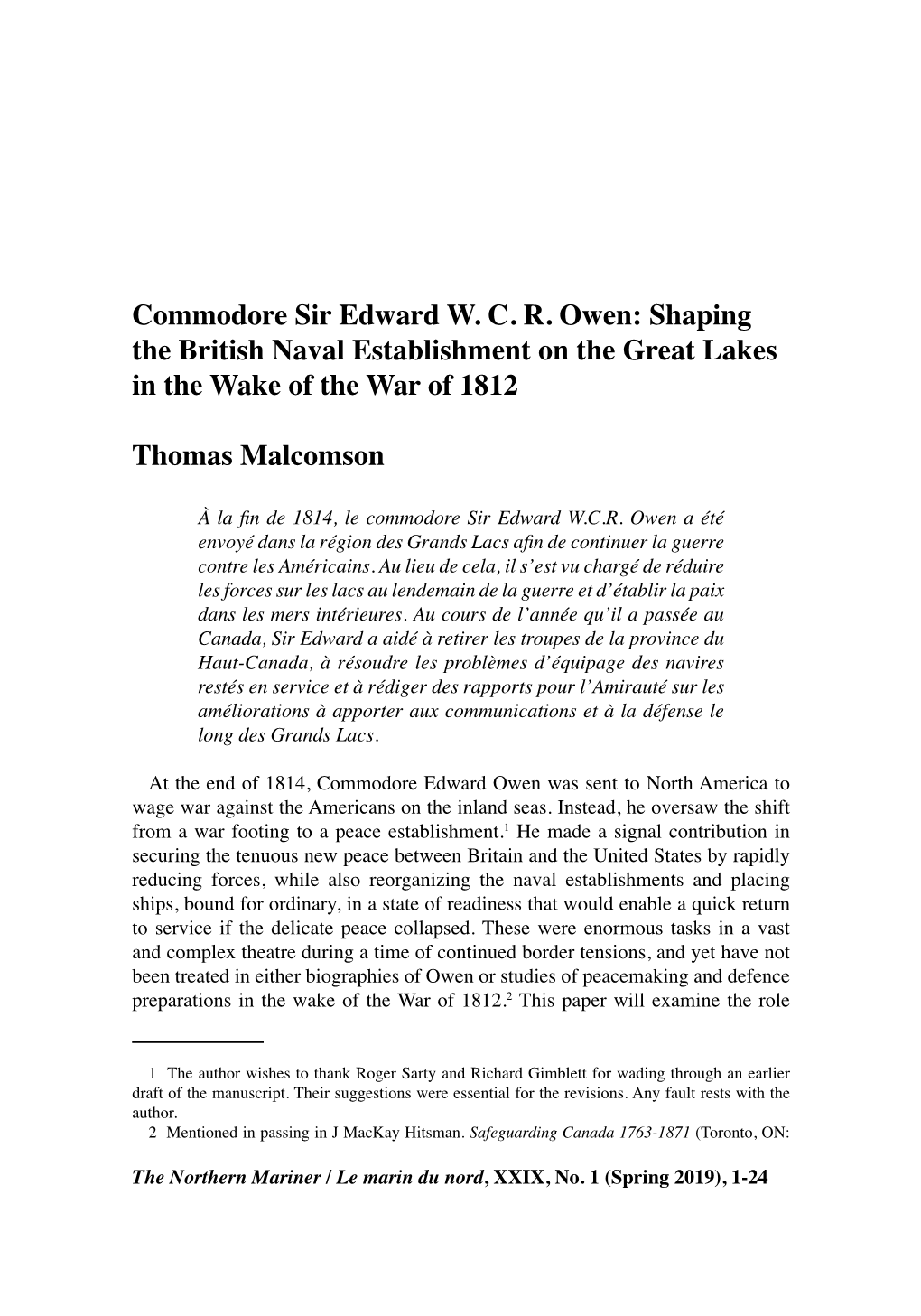 Commodore Sir Edward W. C. R. Owen: Shaping the British Naval Establishment on the Great Lakes in the Wake of the War of 1812