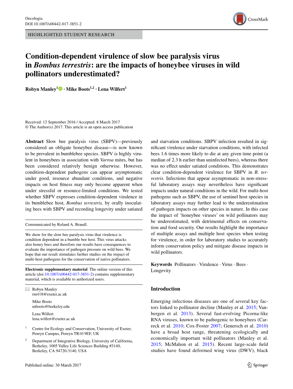 Condition-Dependent Virulence of Slow Bee Paralysis Virus in Bombus