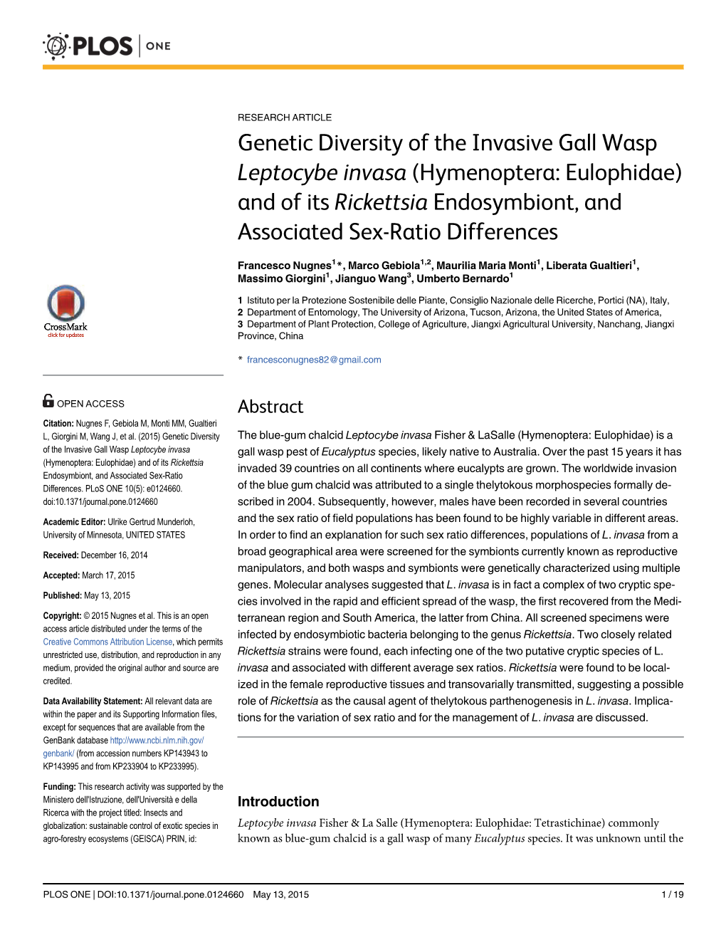Genetic Diversity of the Invasive Gall Wasp Leptocybe Invasa (Hymenoptera: Eulophidae) and of Its Rickettsia Endosymbiont, and Associated Sex-Ratio Differences