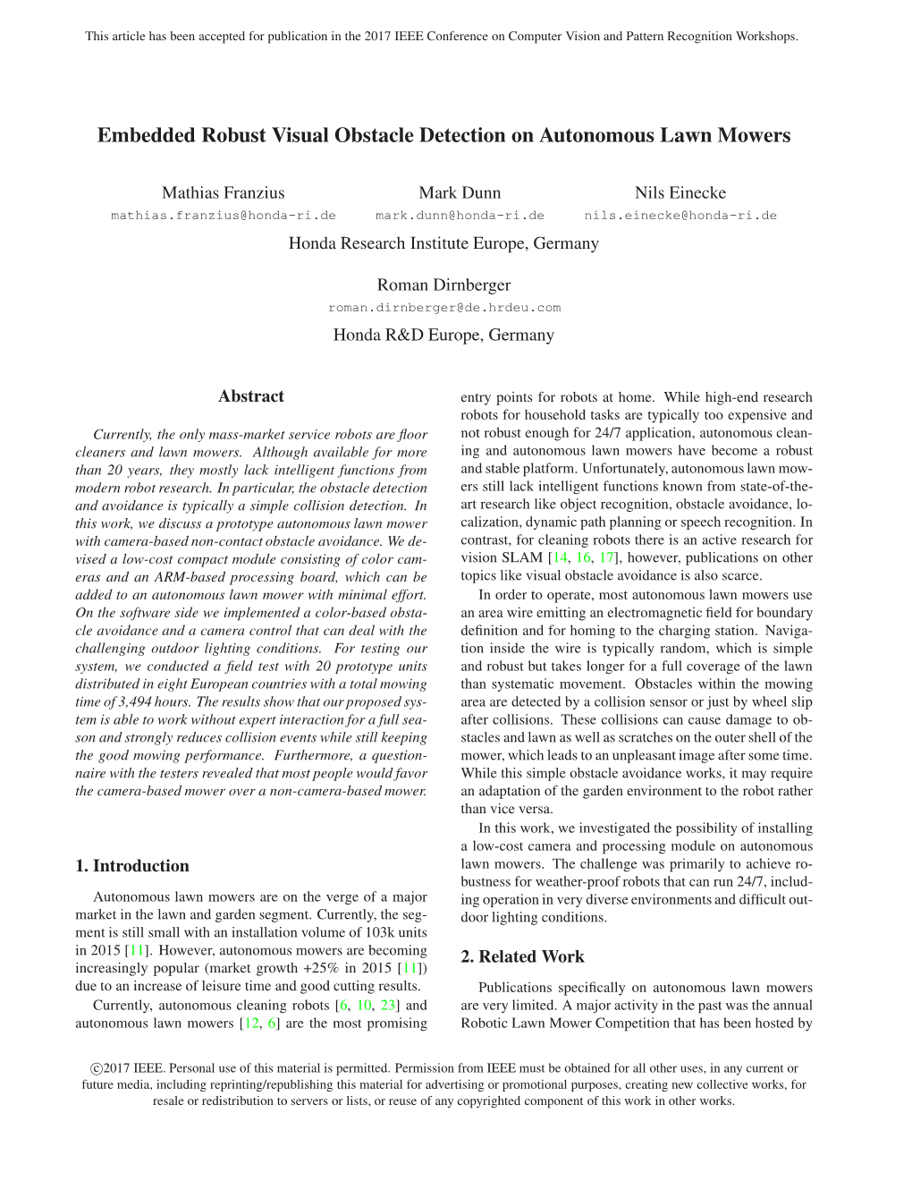 Embedded Robust Visual Obstacle Detection on Autonomous Lawn Mowers