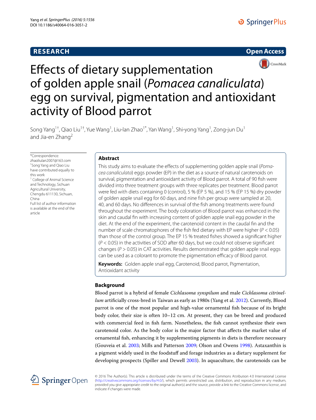 Effects of Dietary Supplementation of Golden Apple Snail (Pomacea Canaliculata) Egg on Survival, Pigmentation and Antioxidant Activity of Blood Parrot