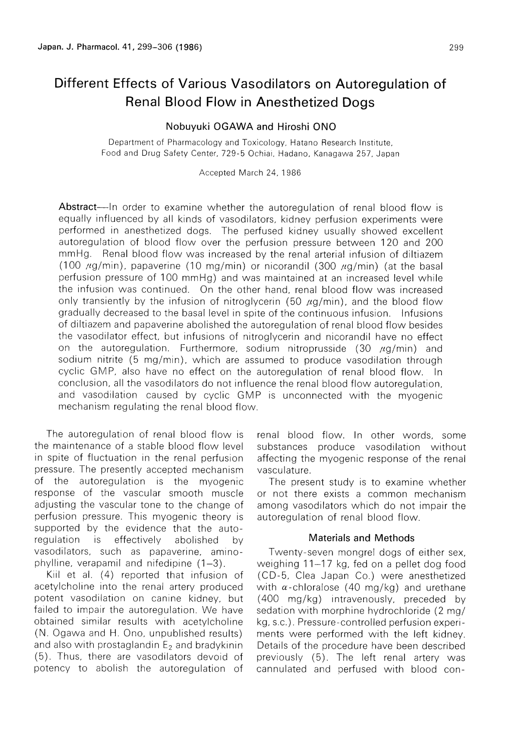 Different Effects of Various Vasodilators on Autoregulation of Renal Blood Flow in Anesthetized Dogs