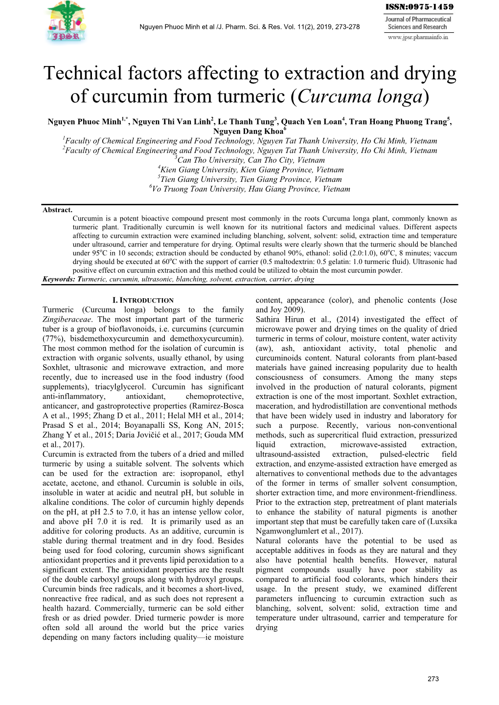 Technical Factors Affecting to Extraction and Drying of Curcumin from Turmeric (Curcuma Longa)